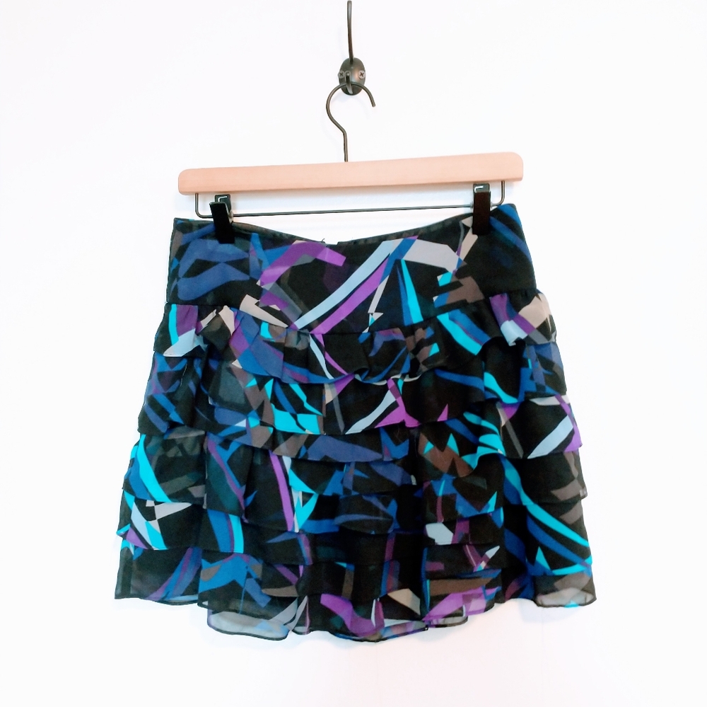 Express size 2 low rise ruffle asymmetric skirt with blue, purple and black patt